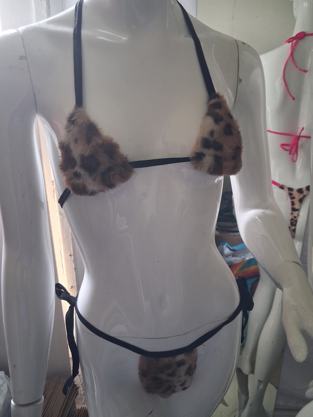 Leopard Faux-Fur Micro Bikini Set - Brown